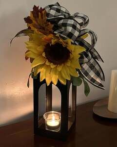 14 Inch Fall Decoration Lantern with Sunflower, Mixed Leaves,,checkered Bow